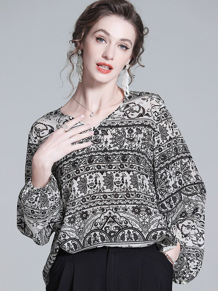Black and White Paisley Print V-Neck Long Lantern Sleeve Silk Blouse