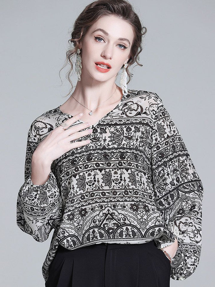 Black and White Paisley Print V-Neck Long Lantern Sleeve Silk Blouse