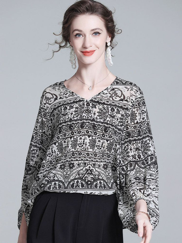 Black and White Paisley Print V-Neck Long Lantern Sleeve Silk Blouse