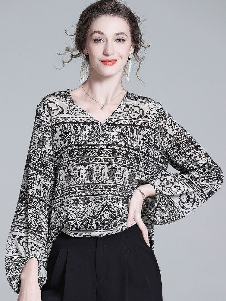Black and White Paisley Print V-Neck Long Lantern Sleeve Silk Blouse