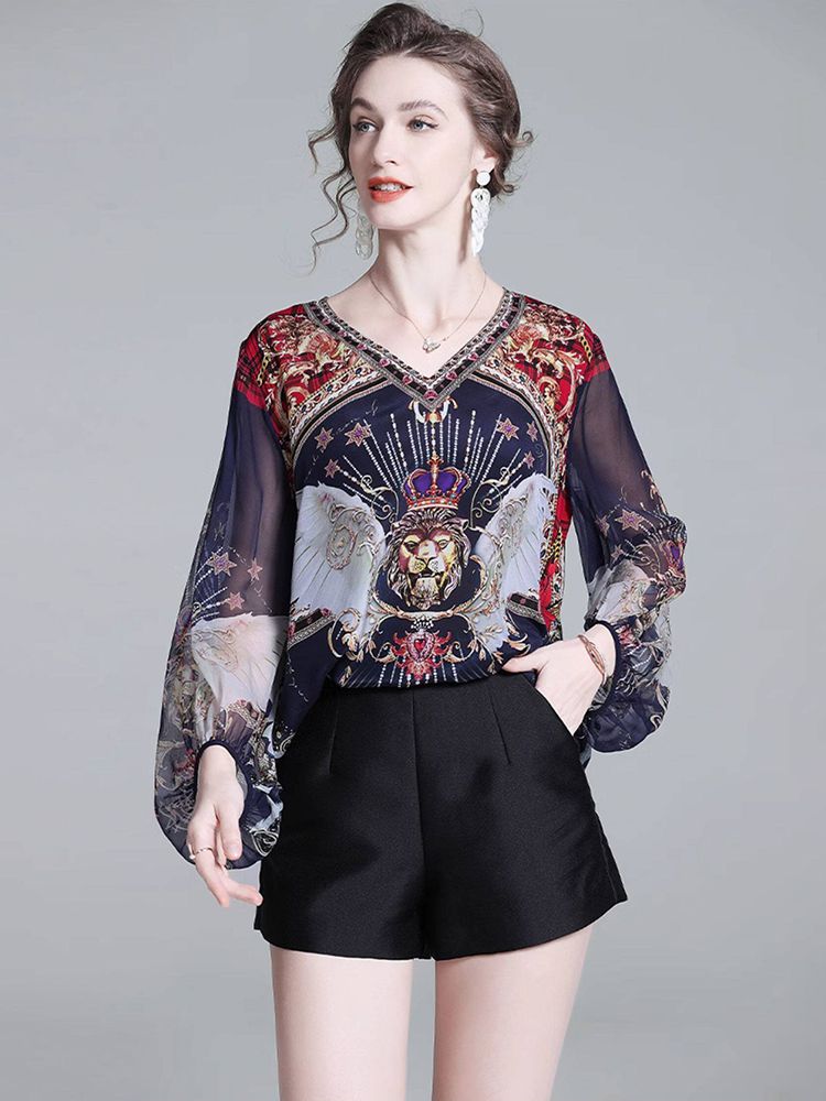 Navy Blue Baroque Print Long Semi-Sheer Lantern Sleeve Silk Blouse