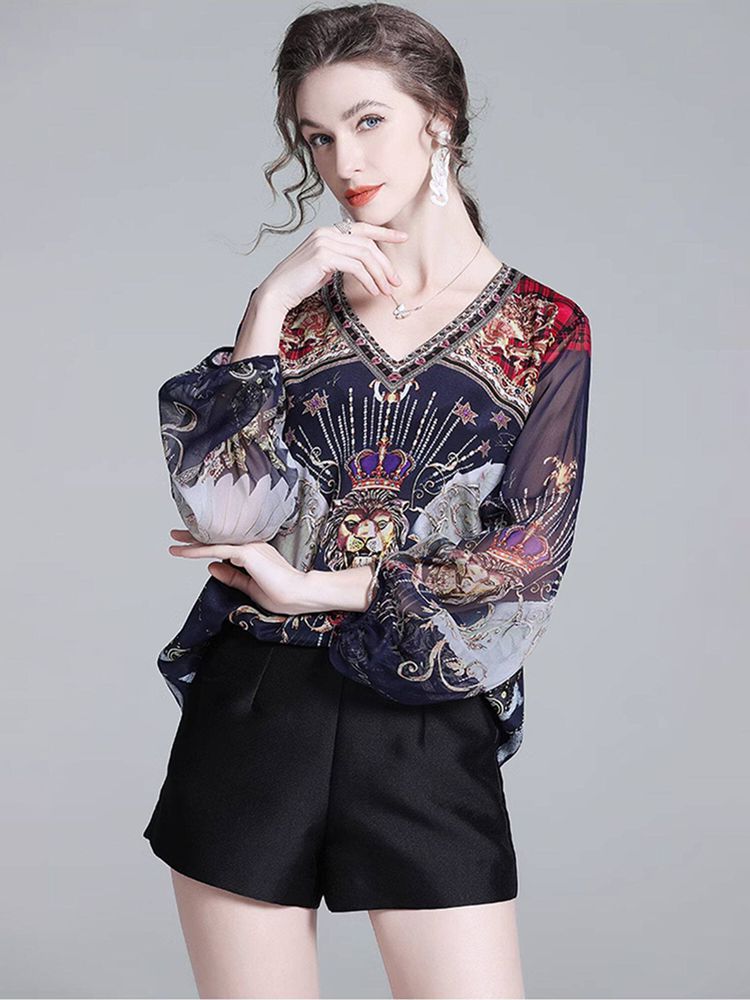 Navy Blue Baroque Print Long Semi-Sheer Lantern Sleeve Silk Blouse