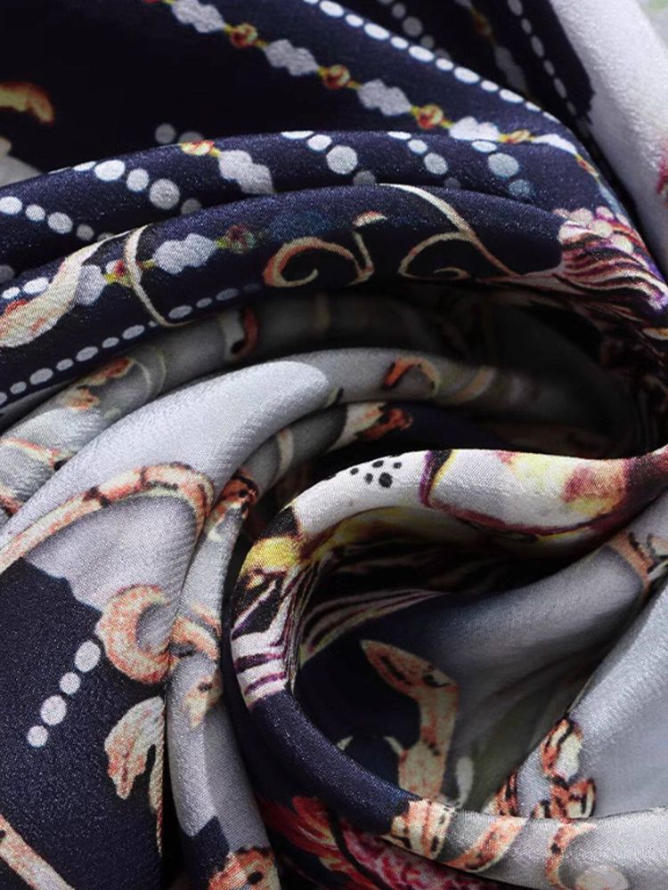 Navy Blue Baroque Print Long Semi-Sheer Lantern Sleeve Silk Blouse