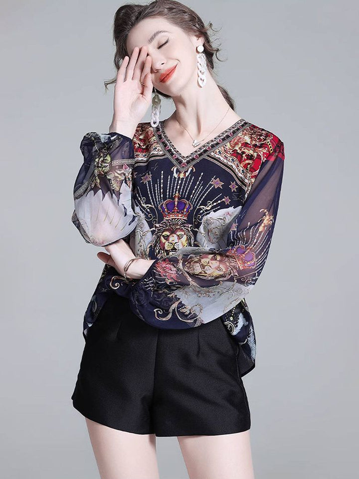 Navy Blue Baroque Print Long Semi-Sheer Lantern Sleeve Silk Blouse