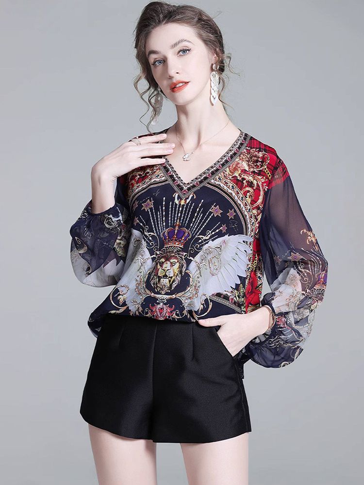 Navy Blue Baroque Print Long Semi-Sheer Lantern Sleeve Silk Blouse