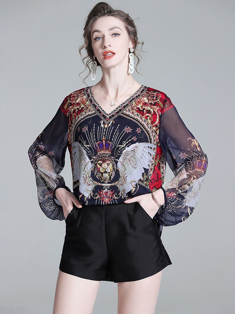 Navy Blue Baroque Print Long Semi-Sheer Lantern Sleeve Silk Blouse