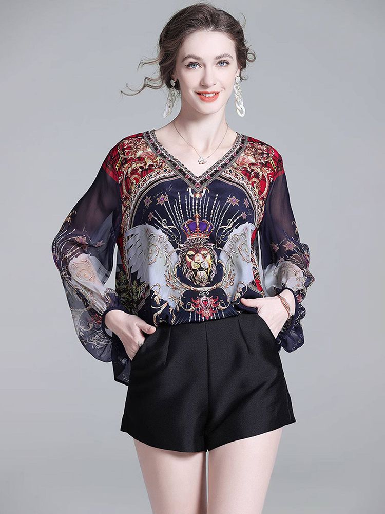 Navy Blue Baroque Print Long Semi-Sheer Lantern Sleeve Silk Blouse