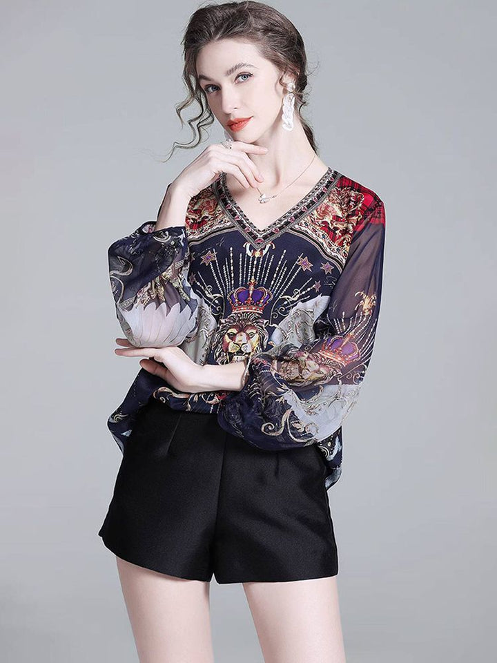 Navy Blue Baroque Print Long Semi-Sheer Lantern Sleeve Silk Blouse