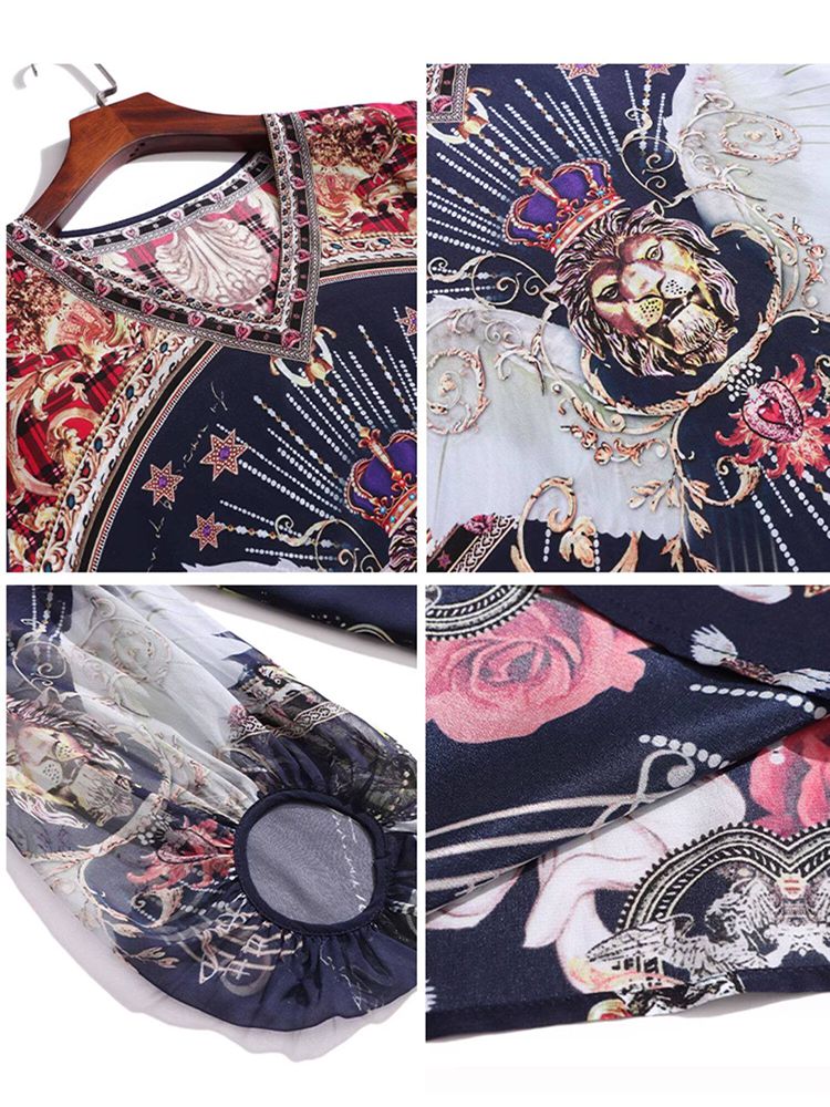 Navy Blue Baroque Print Long Semi-Sheer Lantern Sleeve Silk Blouse