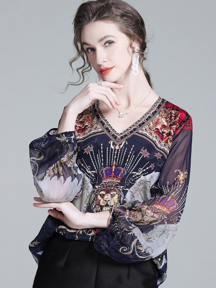 Navy Blue Baroque Print Long Semi-Sheer Lantern Sleeve Silk Blouse