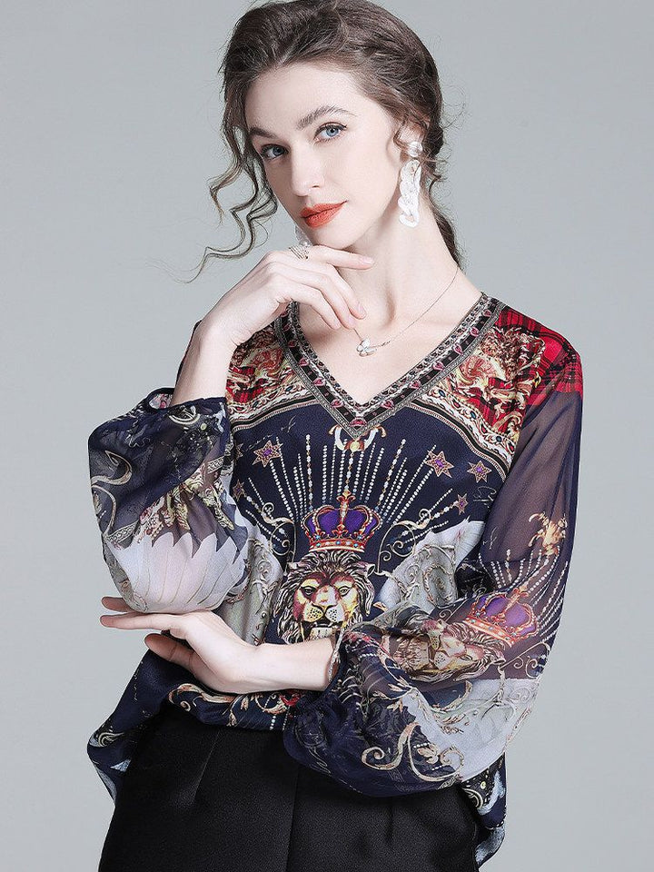 Navy Blue Baroque Print Long Semi-Sheer Lantern Sleeve Silk Blouse