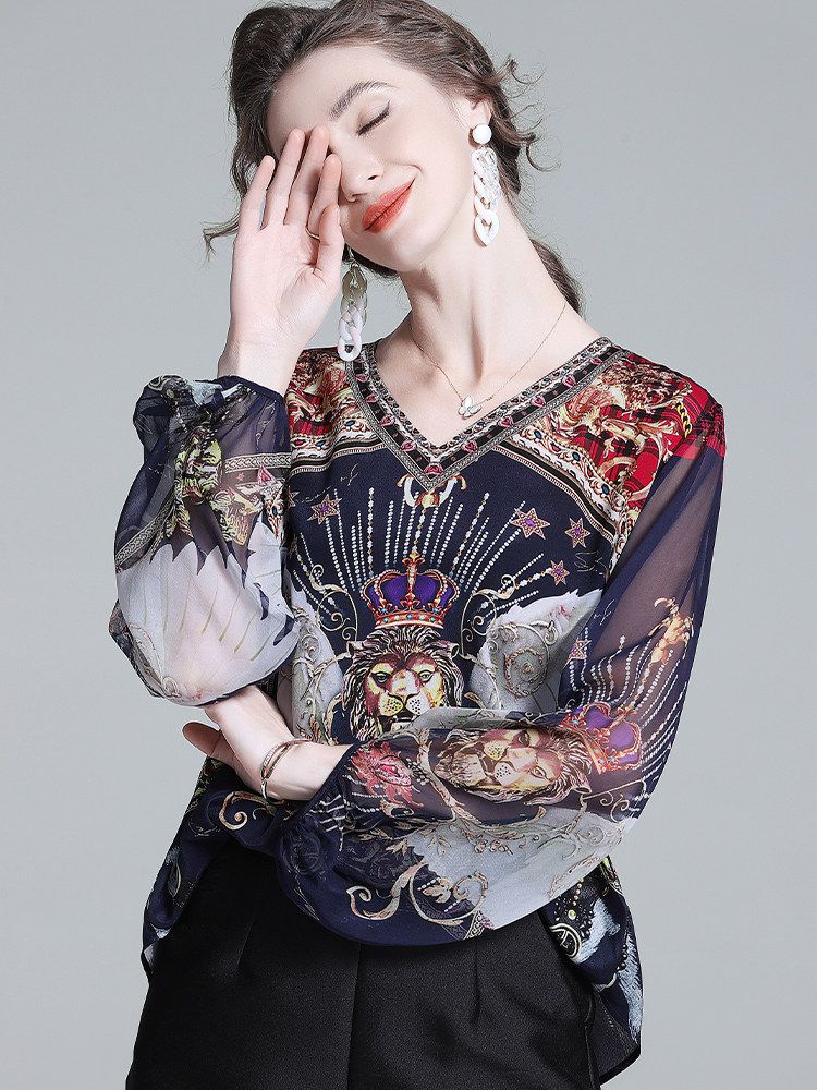 Navy Blue Baroque Print Long Semi-Sheer Lantern Sleeve Silk Blouse