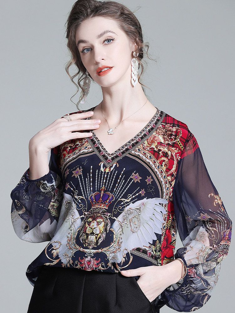 Navy Blue Baroque Print Long Semi-Sheer Lantern Sleeve Silk Blouse