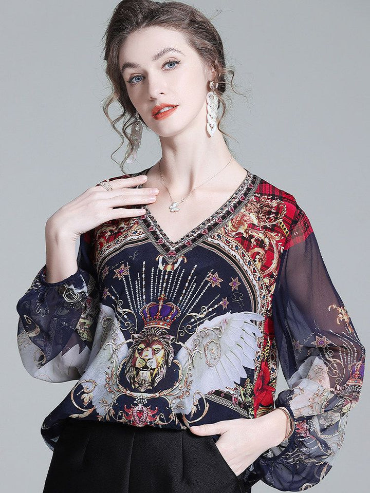 Navy Blue Baroque Print Long Semi-Sheer Lantern Sleeve Silk Blouse