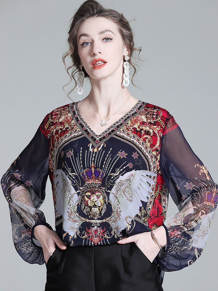 Navy Blue Baroque Print Long Semi-Sheer Lantern Sleeve Silk Blouse