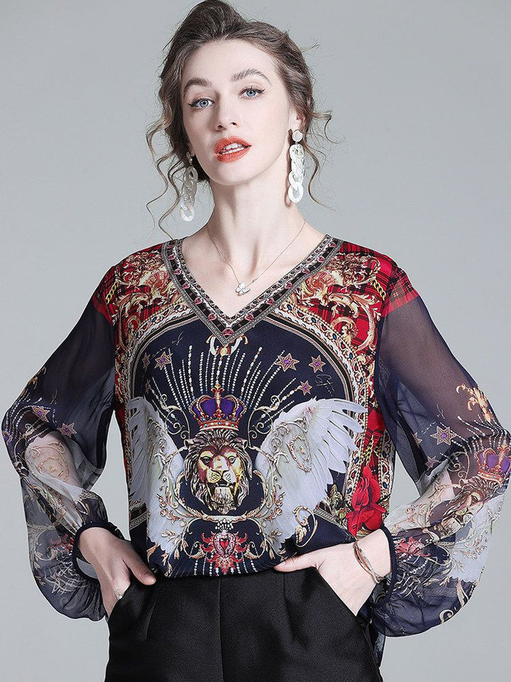 Navy Blue Baroque Print Long Semi-Sheer Lantern Sleeve Silk Blouse