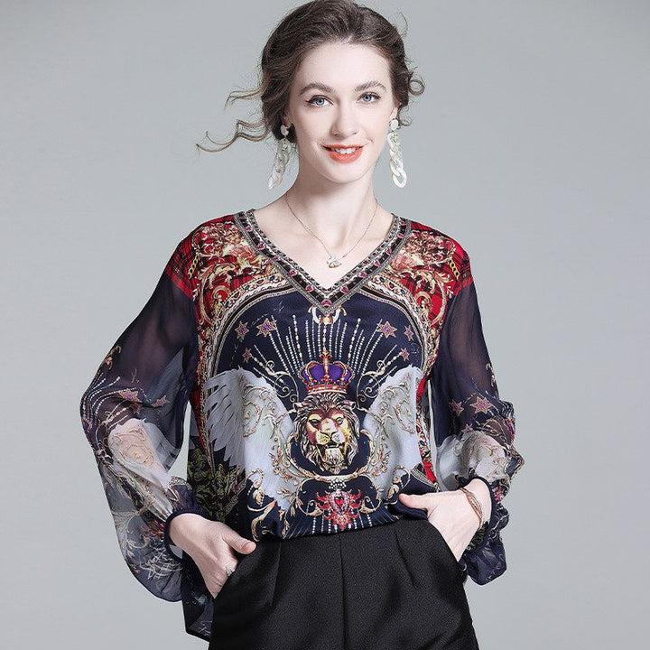 Navy Blue Baroque Print Long Semi-Sheer Lantern Sleeve Silk Blouse