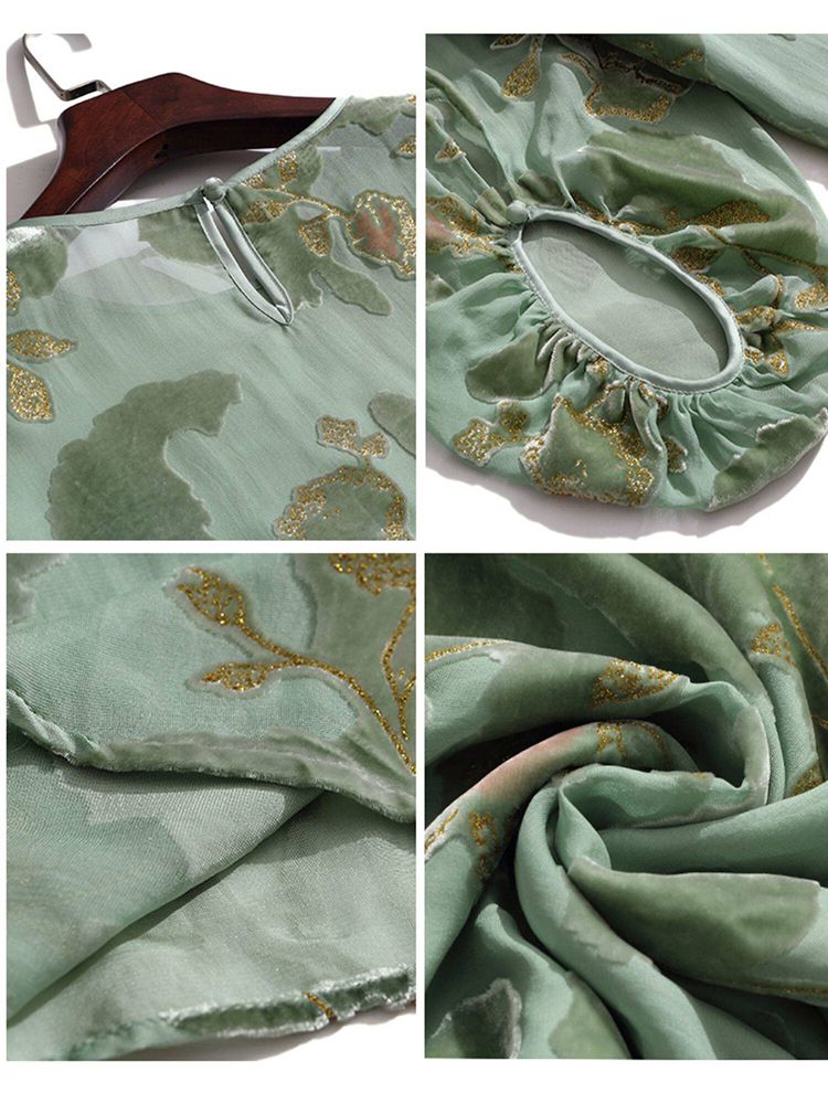 Light Green Floral Jacquard Silk Velvet Crew Neck Blouse