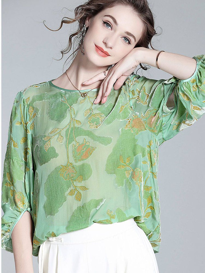 Light Green Floral Jacquard Silk Velvet Crew Neck Blouse