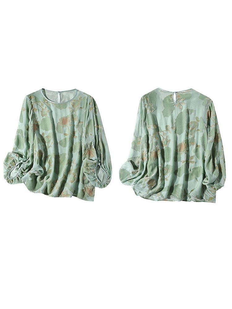 Light Green Floral Jacquard Silk Velvet Crew Neck Blouse