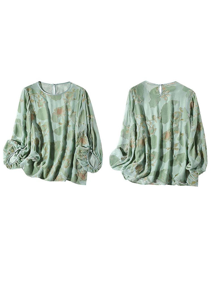 Light Green Floral Jacquard Silk Velvet Crew Neck Blouse