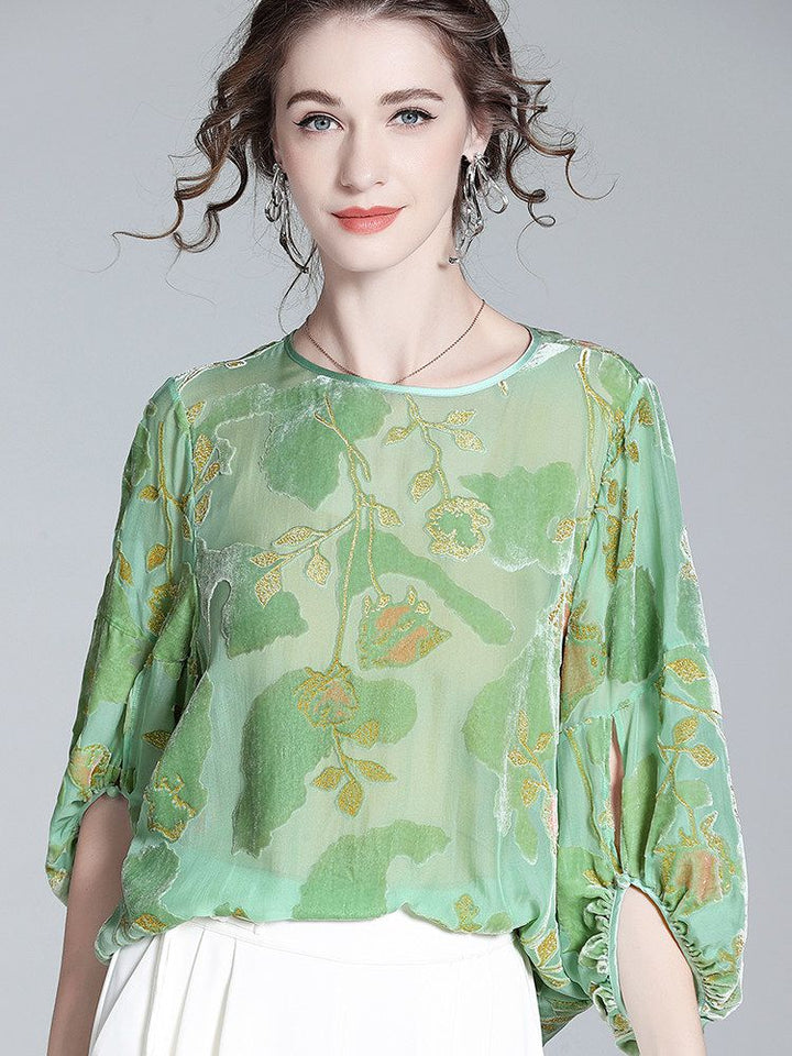 Light Green Floral Jacquard Silk Velvet Crew Neck Blouse