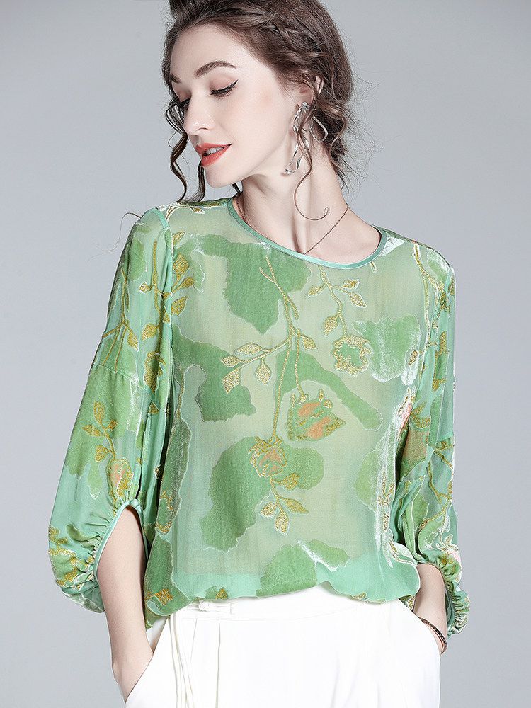Light Green Floral Jacquard Silk Velvet Crew Neck Blouse