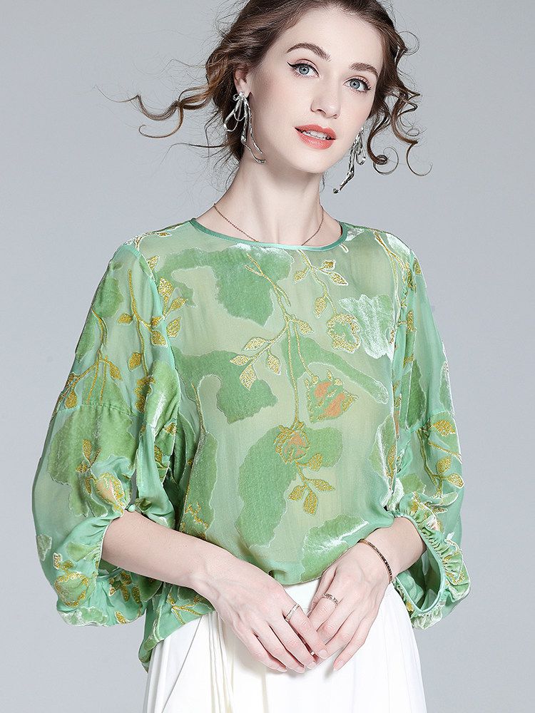 Light Green Floral Jacquard Silk Velvet Crew Neck Blouse