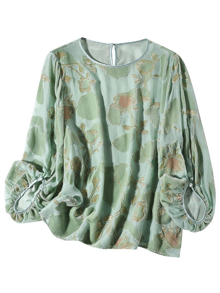 Light Green Floral Jacquard Silk Velvet Crew Neck Blouse