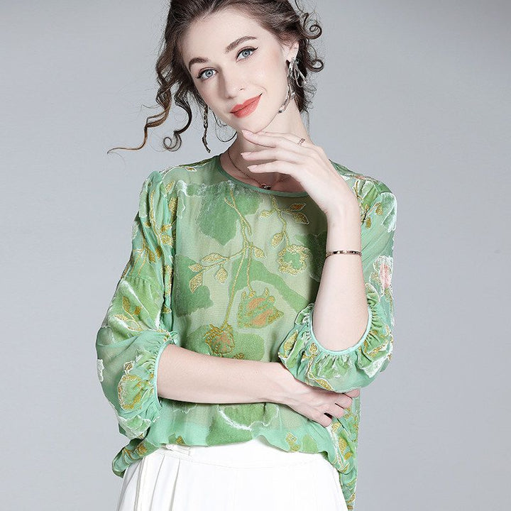 Light Green Floral Jacquard Silk Velvet Crew Neck Blouse