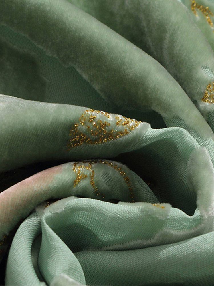 Light Green Floral Jacquard Silk Velvet Crew Neck Blouse