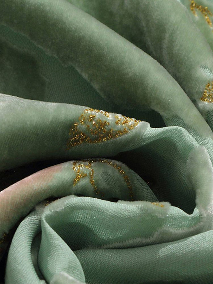 Light Green Floral Jacquard Silk Velvet Crew Neck Blouse