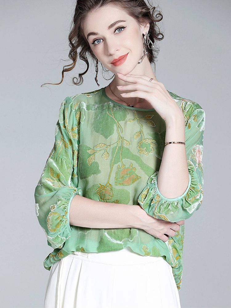 Light Green Floral Jacquard Silk Velvet Crew Neck Blouse