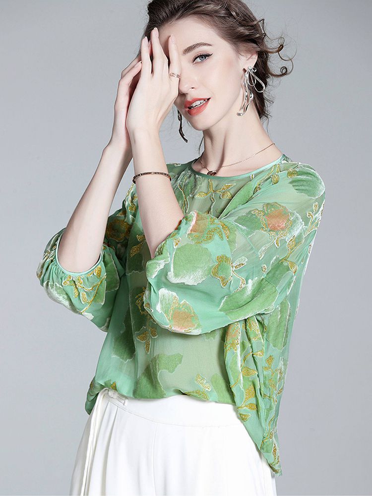 Light Green Floral Jacquard Silk Velvet Crew Neck Blouse