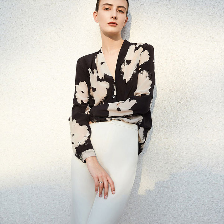 Women’s Long Sleeve V-Neck Black Floral Silk Blouse Printed Mulberry Silk Shirt