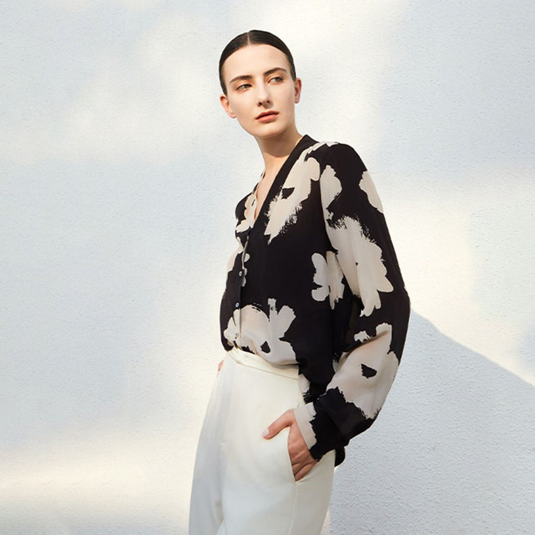 Women’s Long Sleeve V-Neck Black Floral Silk Blouse Printed Mulberry Silk Shirt