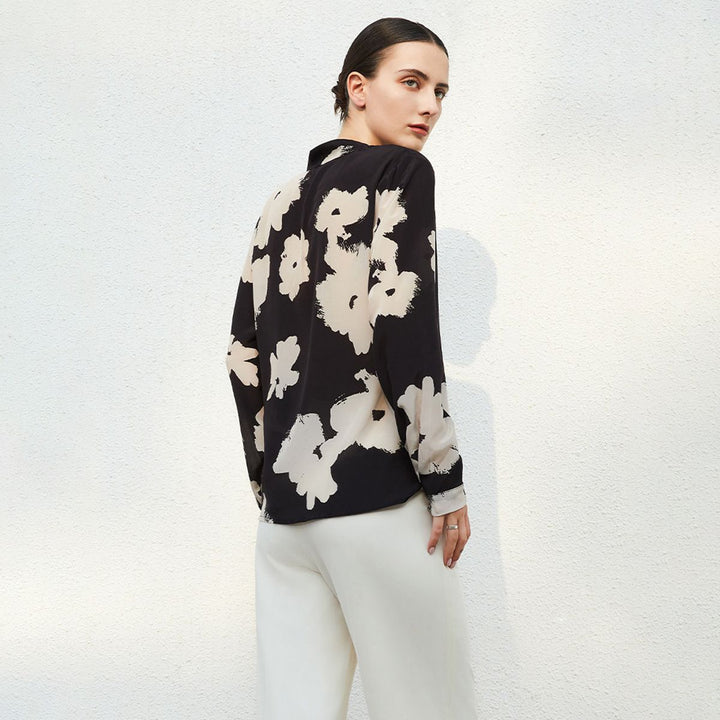 Women’s Long Sleeve V-Neck Black Floral Silk Blouse Printed Mulberry Silk Shirt