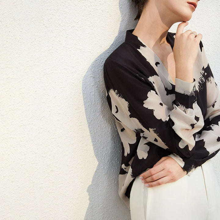 Women’s Long Sleeve V-Neck Black Floral Silk Blouse Printed Mulberry Silk Shirt