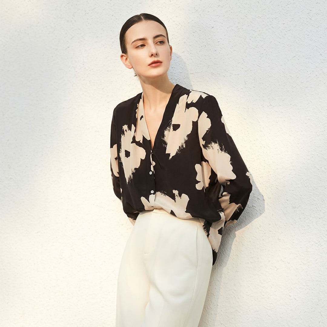 Women’s Long Sleeve V-Neck Black Floral Silk Blouse Printed Mulberry Silk Shirt