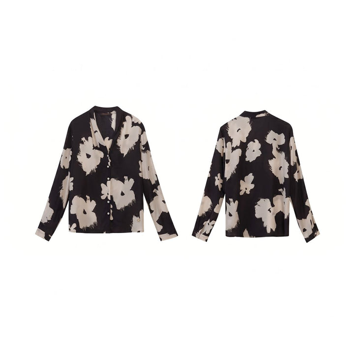 Women’s Long Sleeve V-Neck Black Floral Silk Blouse Printed Mulberry Silk Shirt