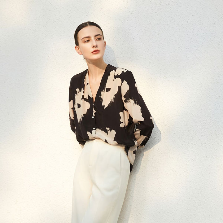 Women’s Long Sleeve V-Neck Black Floral Silk Blouse Printed Mulberry Silk Shirt
