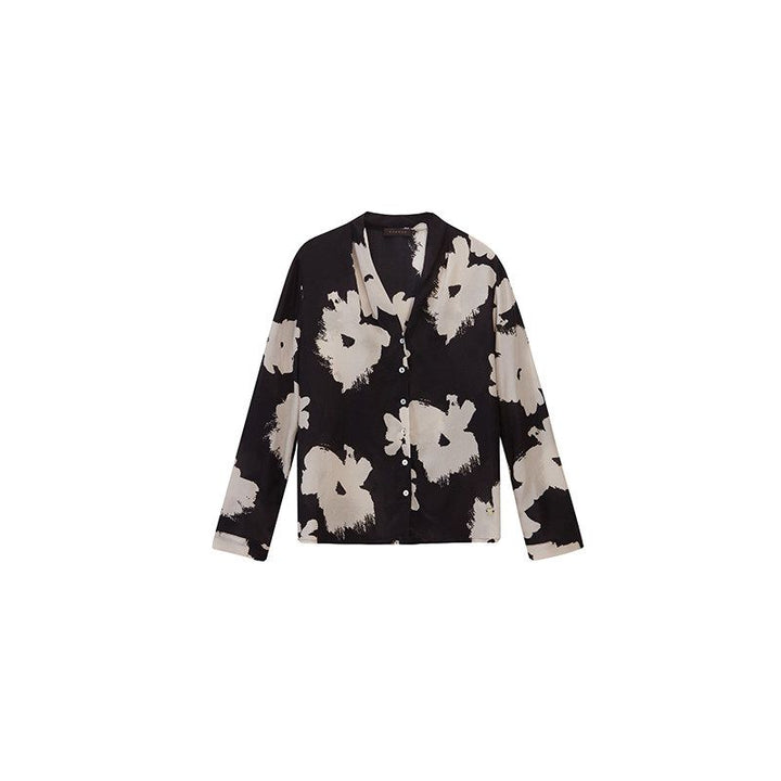 Women’s Long Sleeve V-Neck Black Floral Silk Blouse Printed Mulberry Silk Shirt