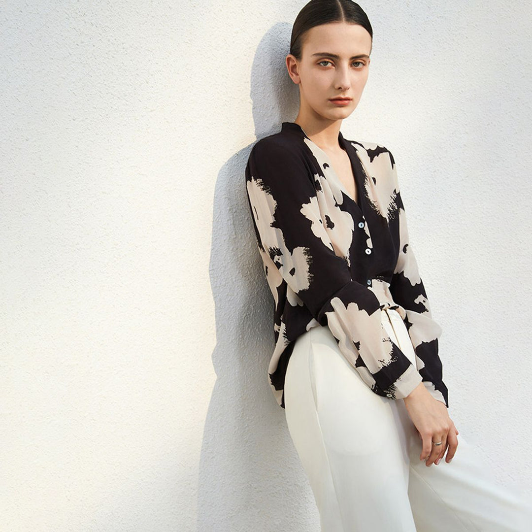Women’s Long Sleeve V-Neck Black Floral Silk Blouse Printed Mulberry Silk Shirt