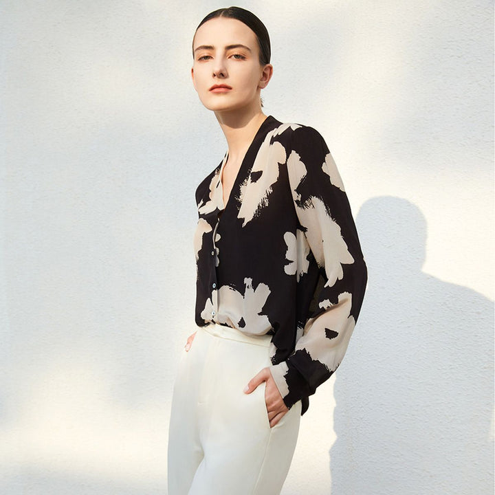 Women’s Long Sleeve V-Neck Black Floral Silk Blouse Printed Mulberry Silk Shirt