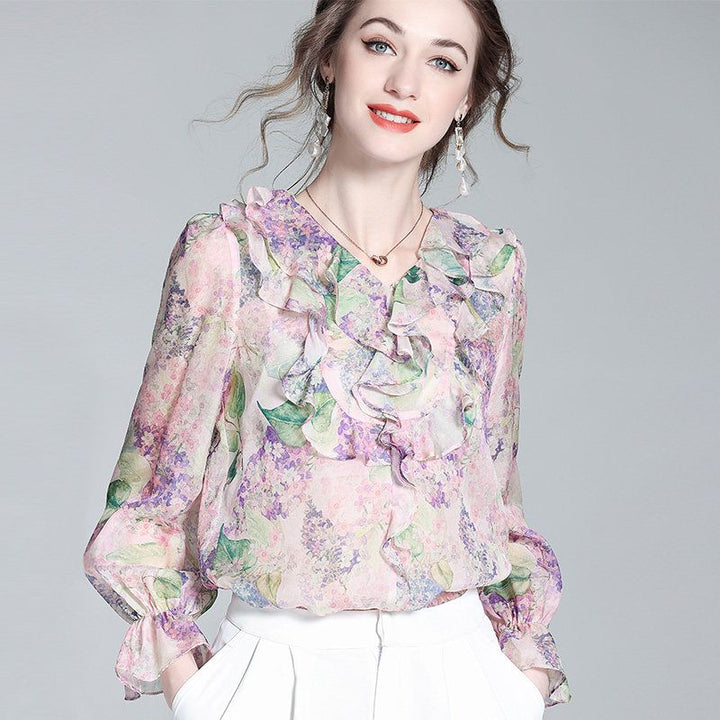 Pastel Lilac Ruffled V-Neck Long Sleeve Foral Silk Graden Blouse