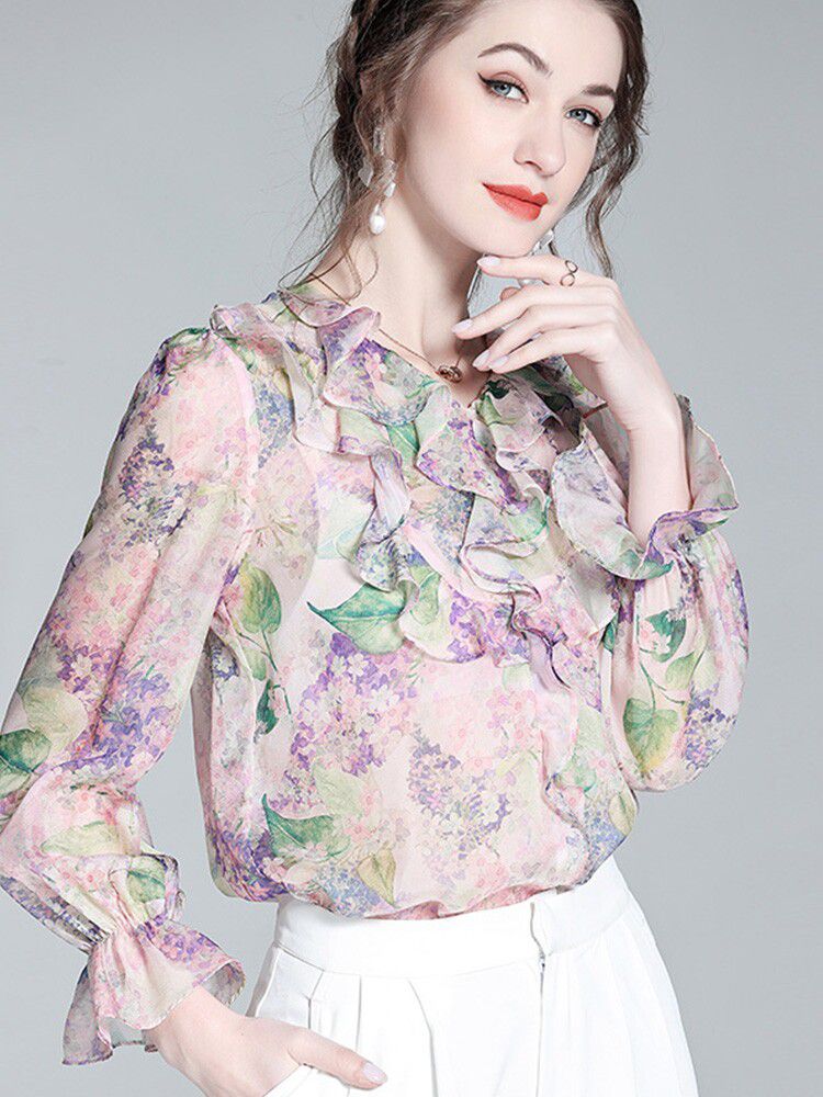 Pastel Lilac Ruffled V-Neck Long Sleeve Foral Silk Graden Blouse