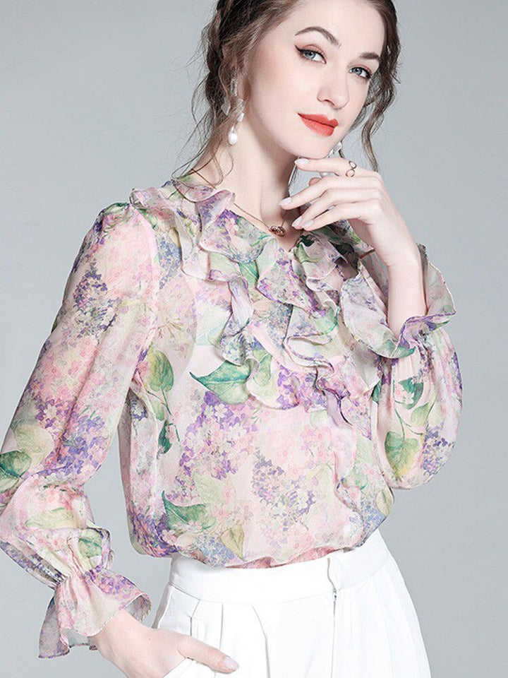 Pastel Lilac Ruffled V-Neck Long Sleeve Foral Silk Graden Blouse