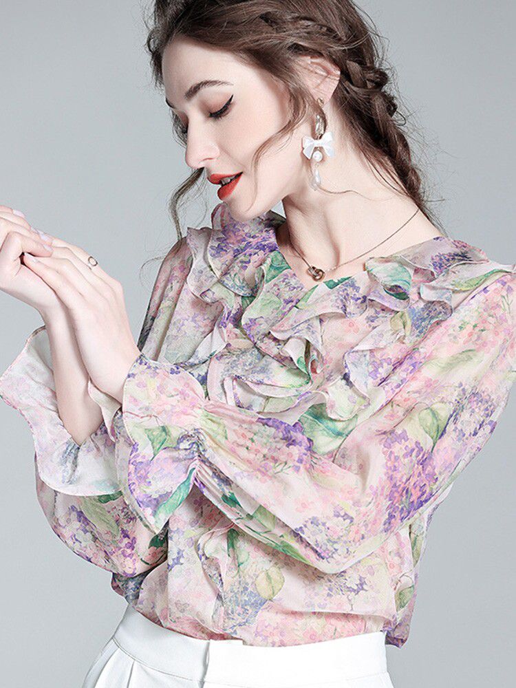Pastel Lilac Ruffled V-Neck Long Sleeve Foral Silk Graden Blouse
