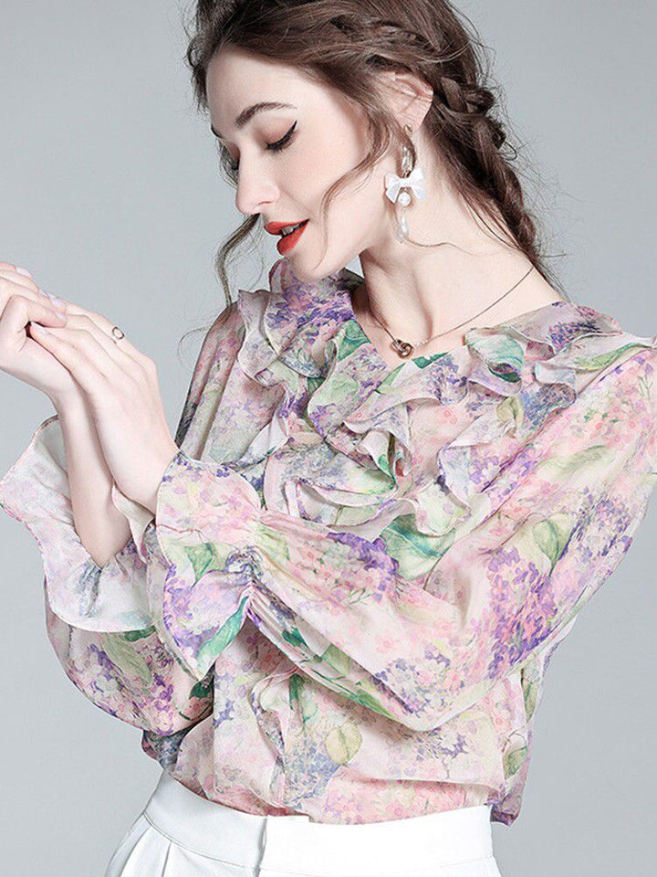 Pastel Lilac Ruffled V-Neck Long Sleeve Foral Silk Graden Blouse