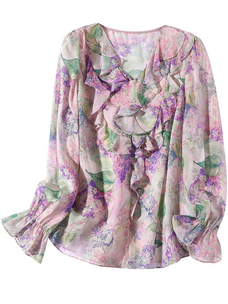 Pastel Lilac Ruffled V-Neck Long Sleeve Foral Silk Graden Blouse